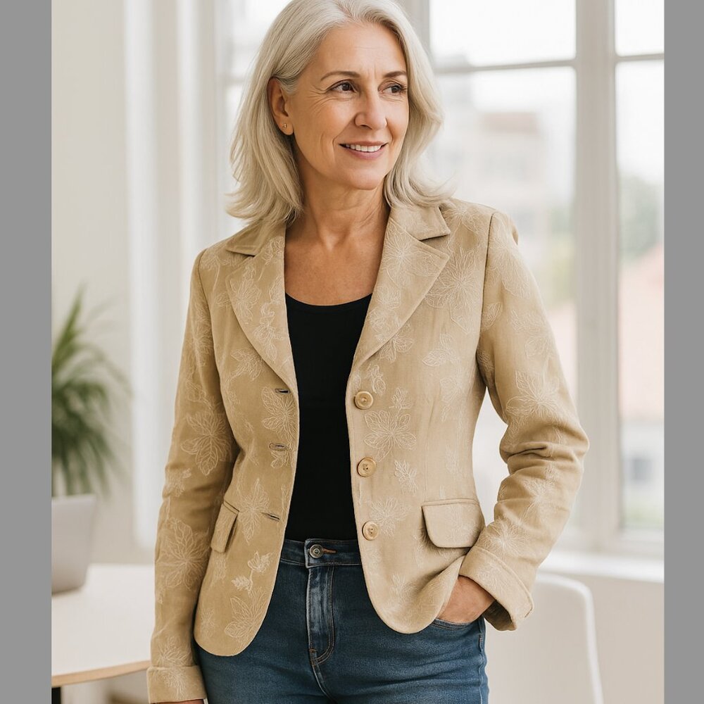 Isabella DeMarco Linen Blazer Tan Embroidered 14 P